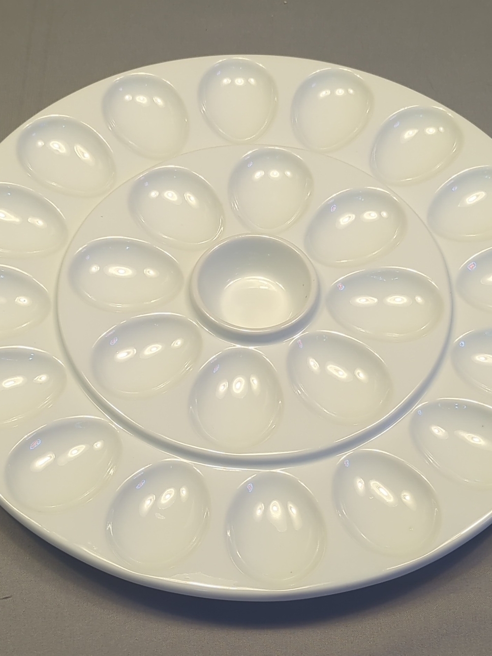 White Ceramic Deviled Egg Platter with Central Dip Bowl